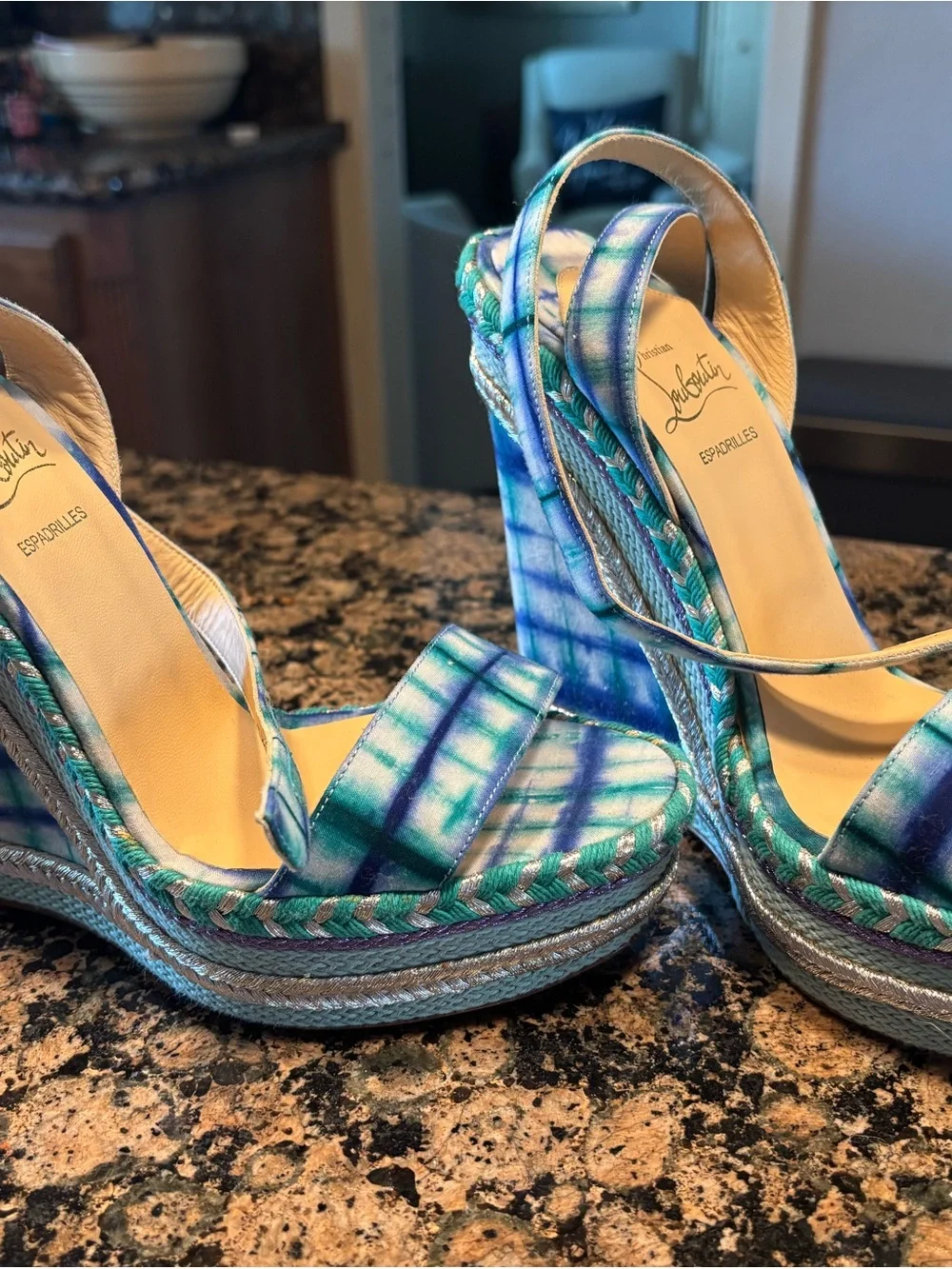 Christian Louboutin Teal & Blue Plaid Espadrille Wedge Sandals